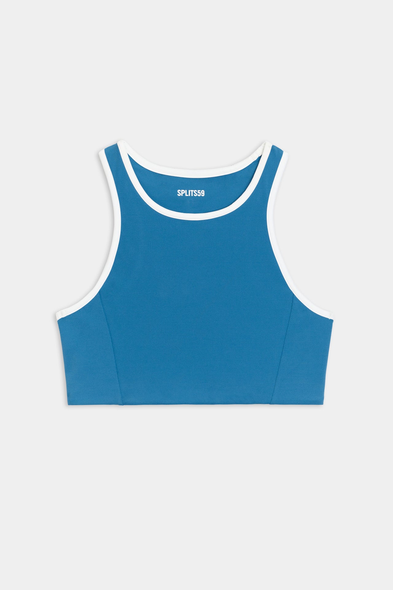 Flat view of blue sports bra with white hem
