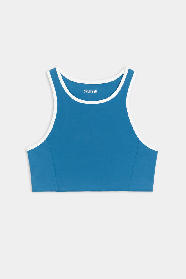 Flat view of blue sports bra with white hem
