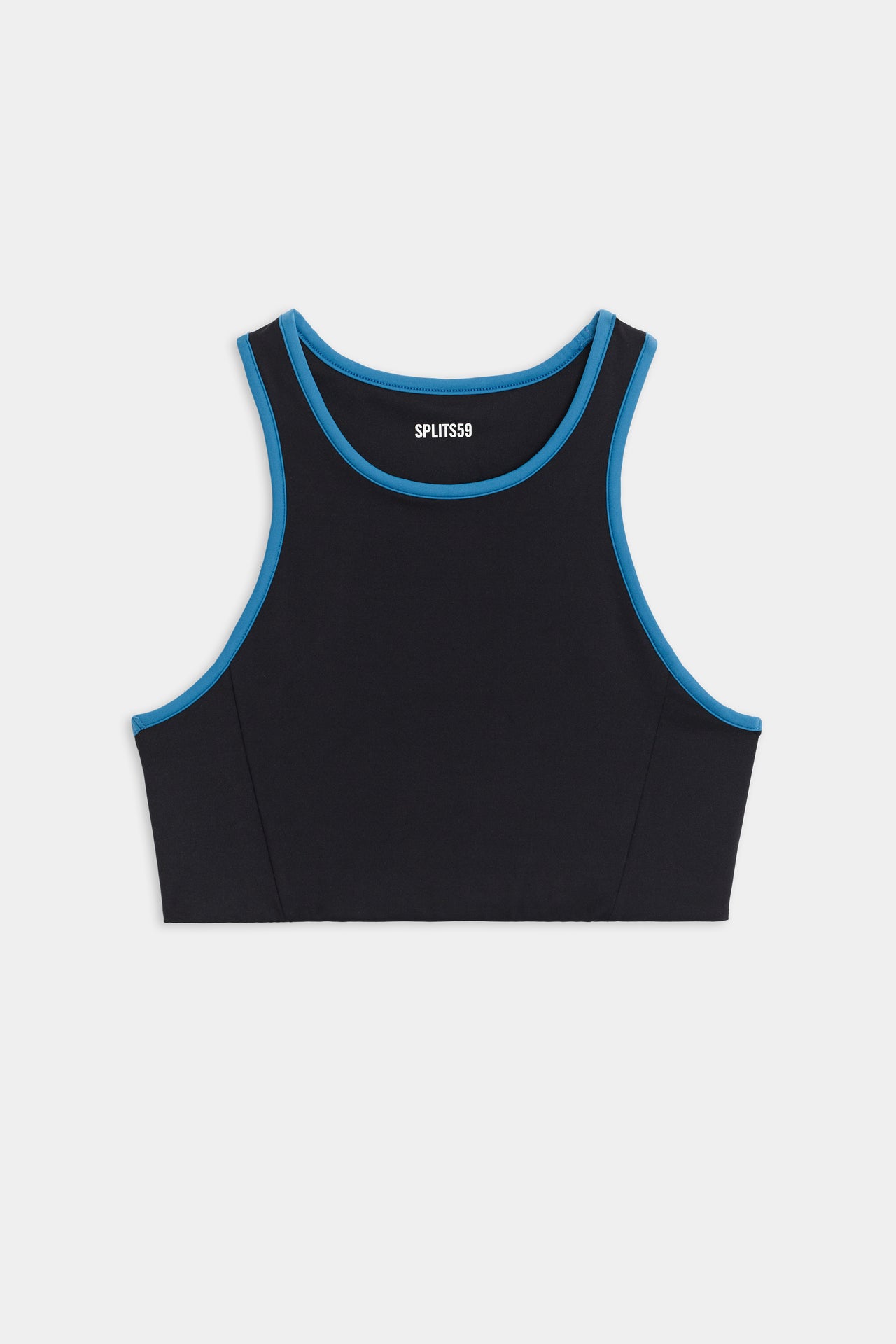 Flat view of black sports bra with blue hem around neck and arms