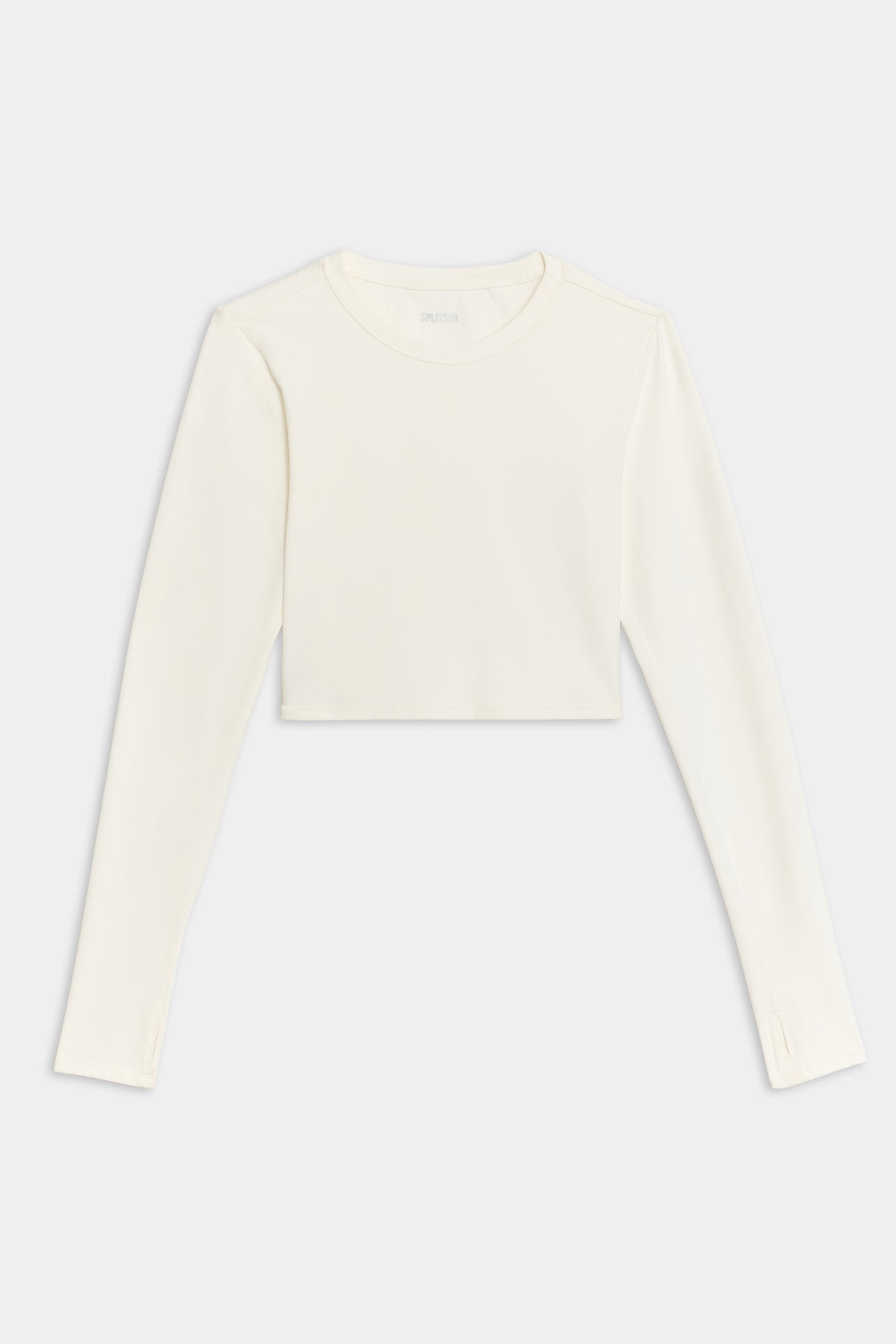 Flat view of white long sleeve crop top