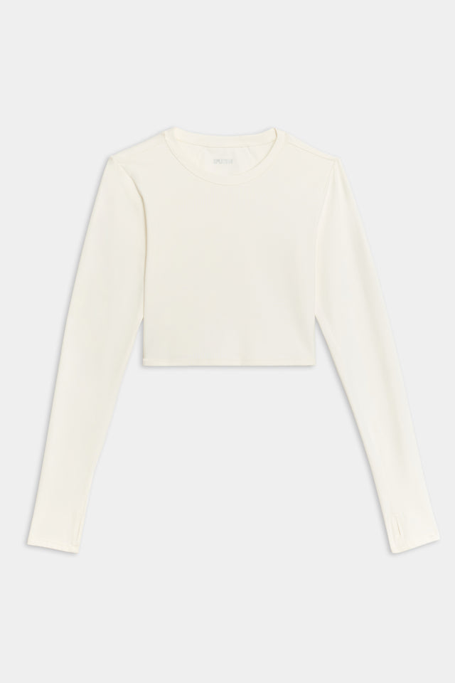 Flat view of white long sleeve crop top