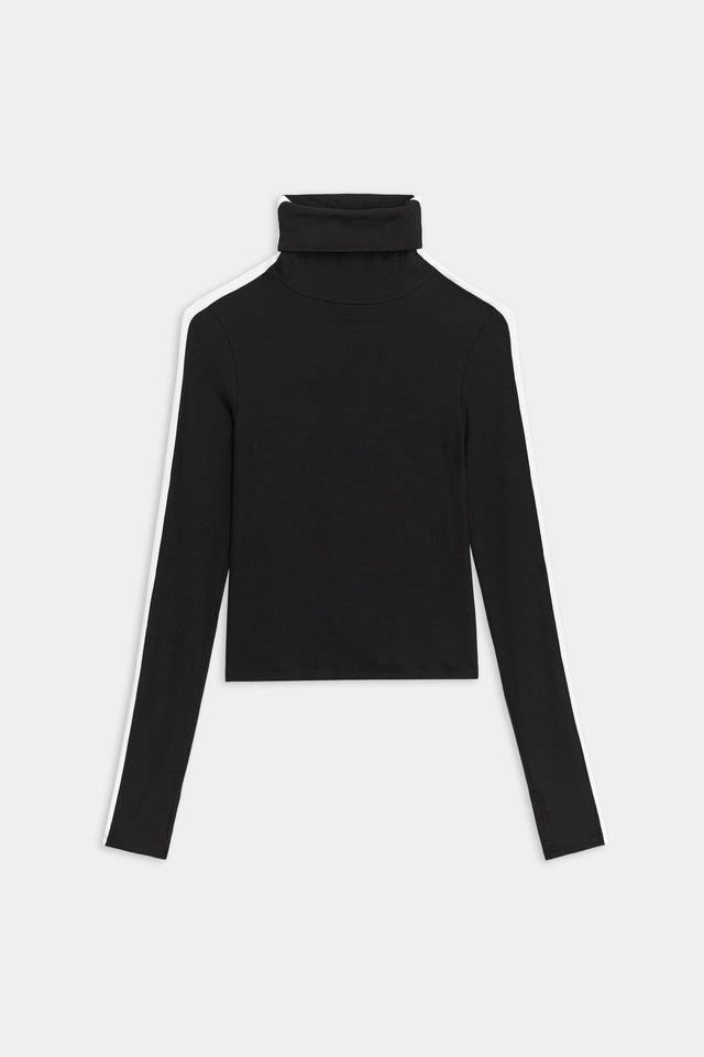 A black SPLITS59 Jackson Rib Full Length Turtleneck top with a white stripe optimized for running coverage.