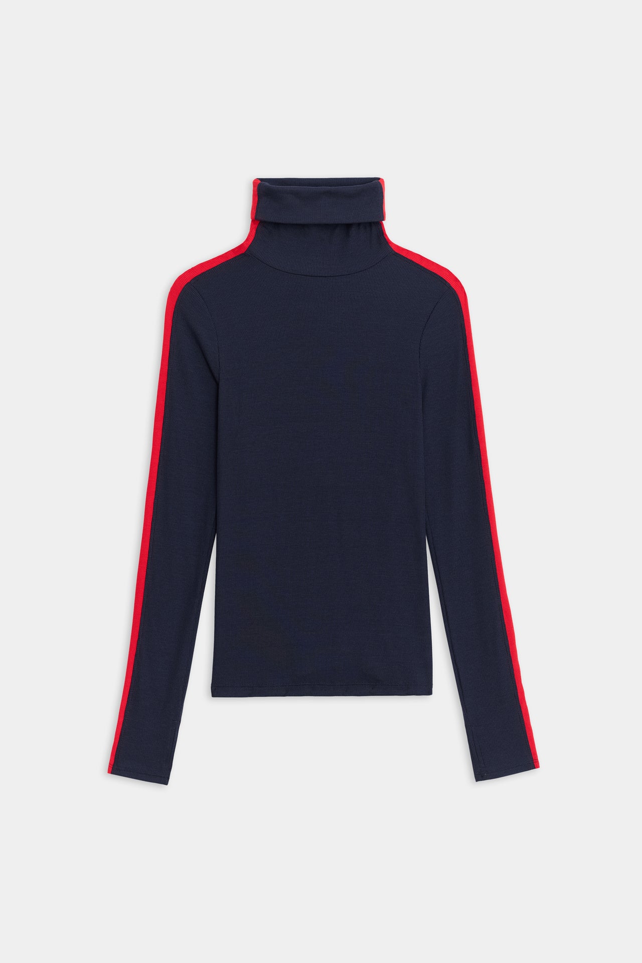 A Jackson Rib Full Length Turtleneck with red and blue stripes by SPLITS59.