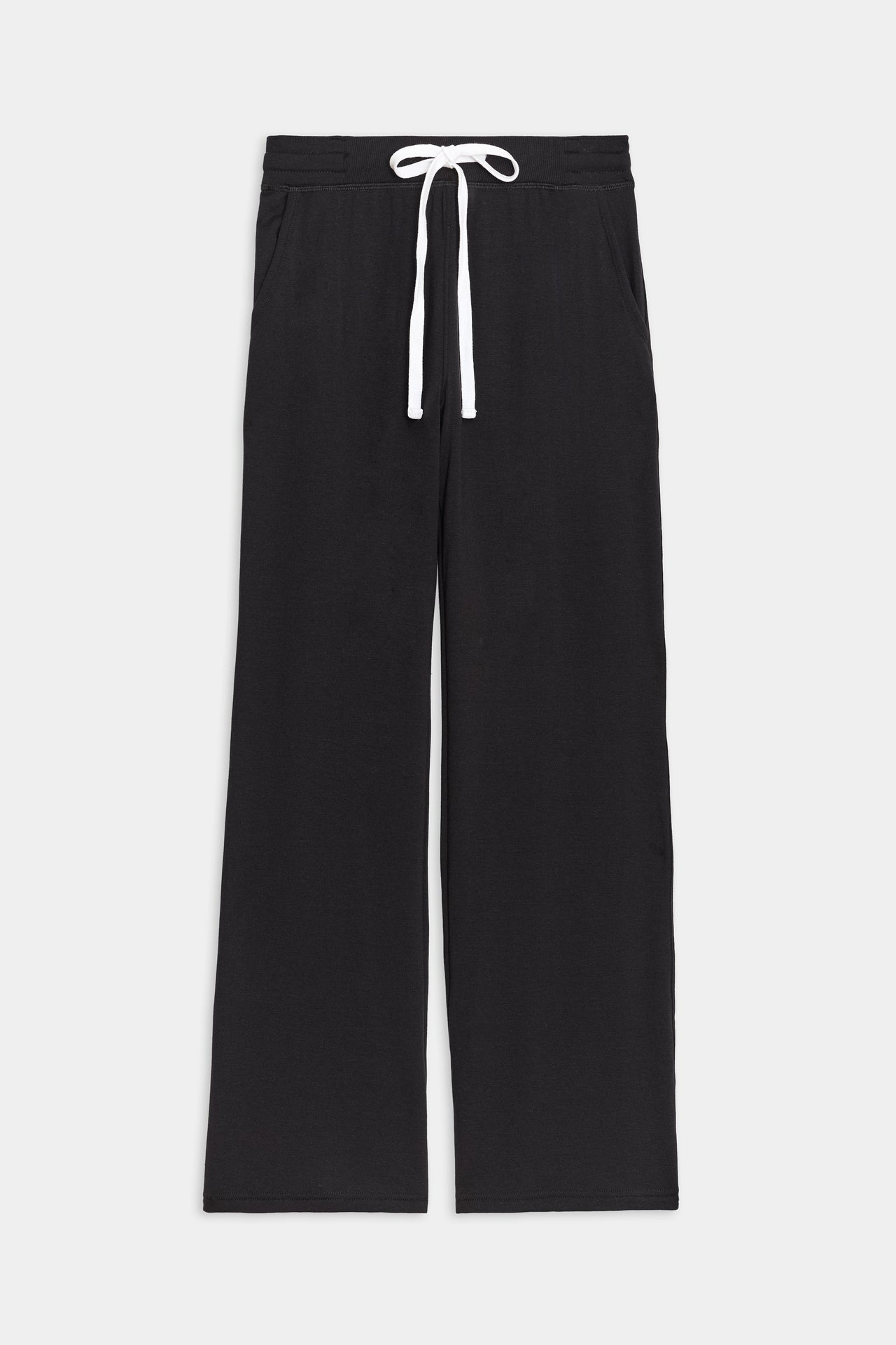 Front flat view of black high rise wide leg relaxed fit sweatpant with side pockets and white drawstring