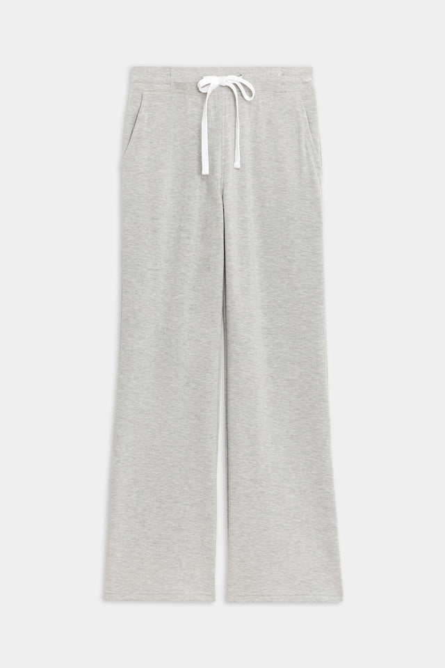 Front flat view of light gray high rise wide leg relaxed fit sweatpant with side pockets and white drawstring