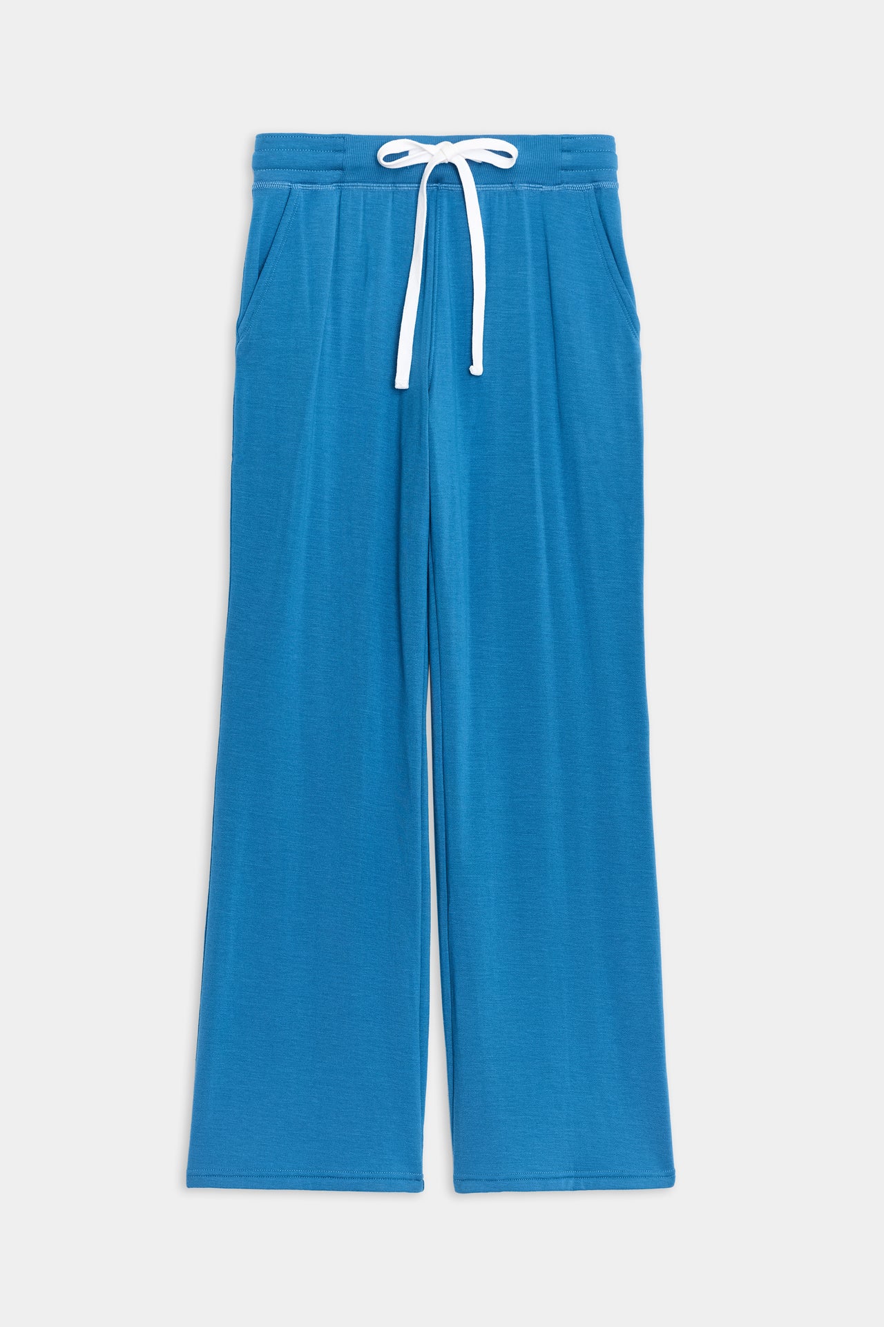 Front flat view of bright blue high rise wide leg relaxed fit sweatpant with side pockets and white drawstring.