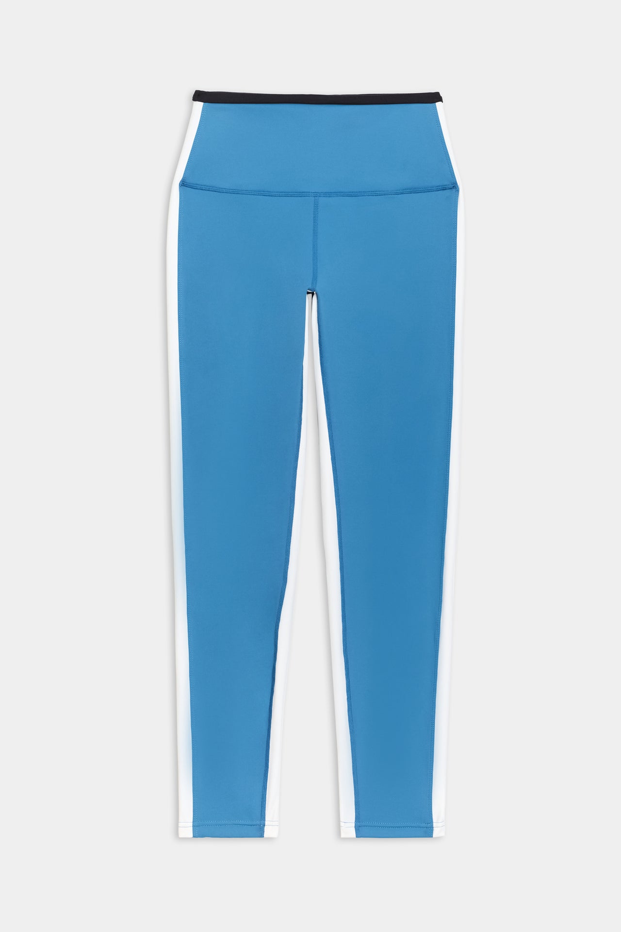 Front flat view of bright blue leggings with white side stripes and black waistband 