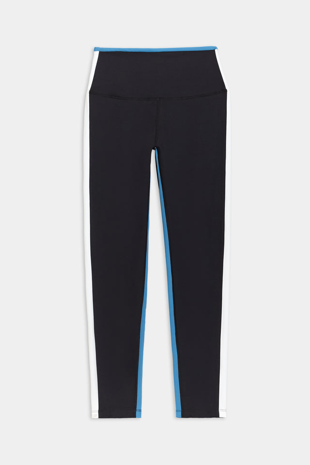 Front flat view of black leggings with bright blue and white side stripes with bright blue waistband