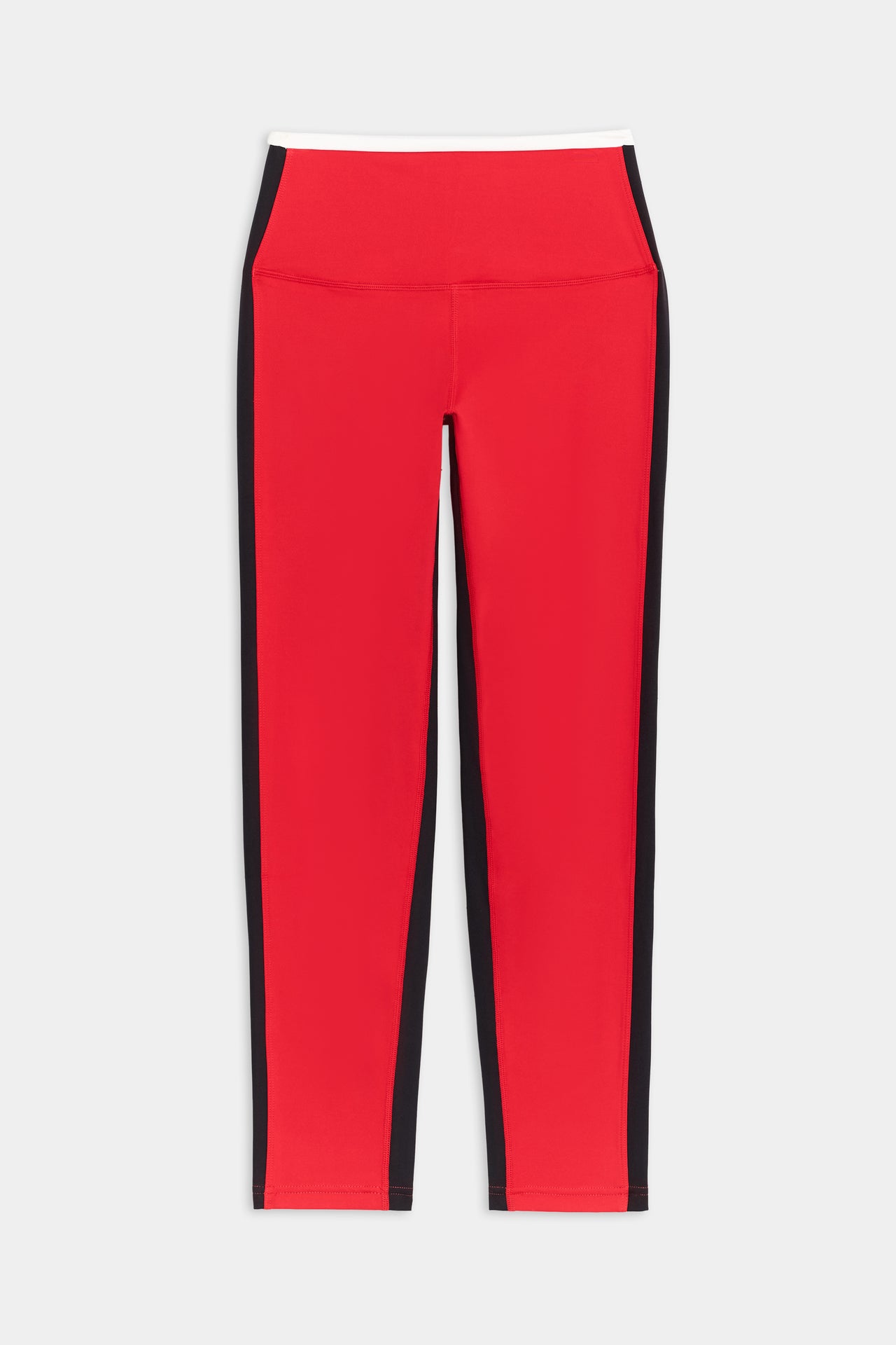 Front flat view of bright red leggings with black side stripes and white waistband