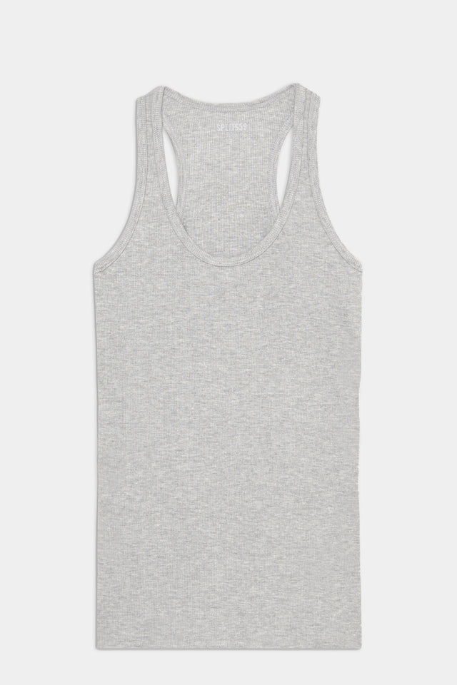 A gray sleeveless SPLITS59 Ashby Trio Bundle tank top displayed against a white background.