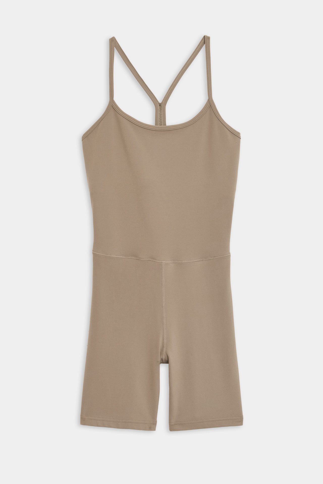 Flat view of light brown mid thigh spaghetti strap body suit/one piece