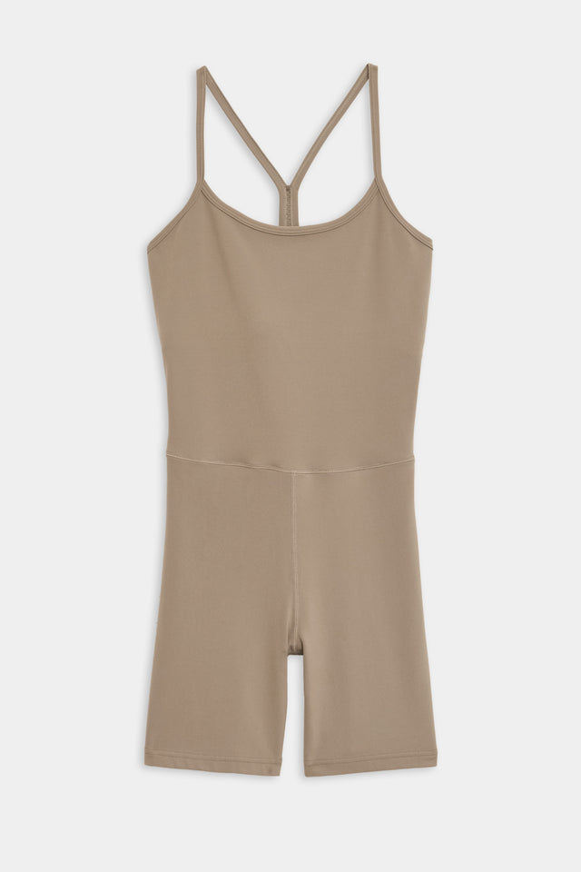 Flat view of light brown mid thigh spaghetti strap body suit/one piece