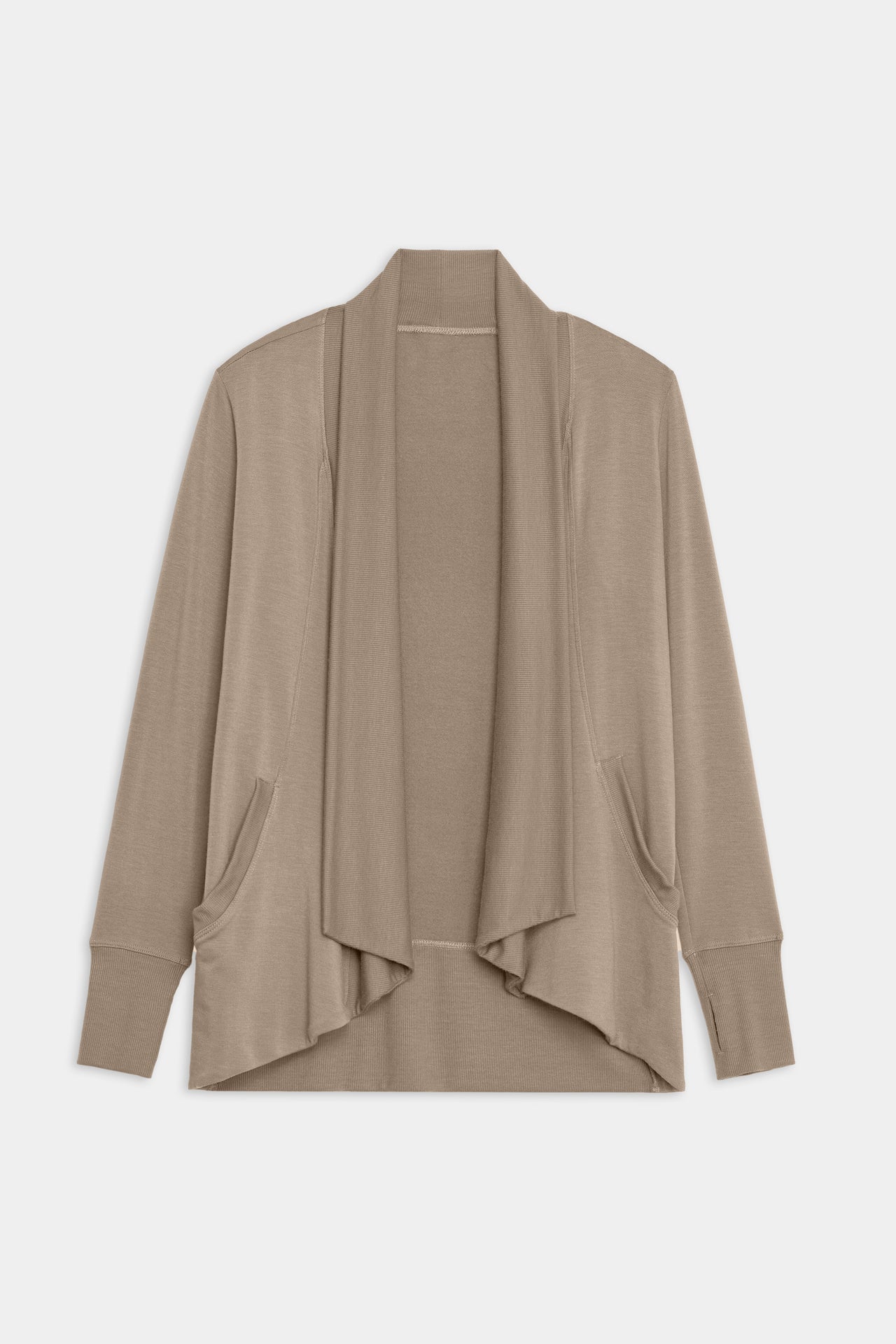 Flat view of light brown long sleeve open front flowy sweater with thumb holes on the sleeve cuff 