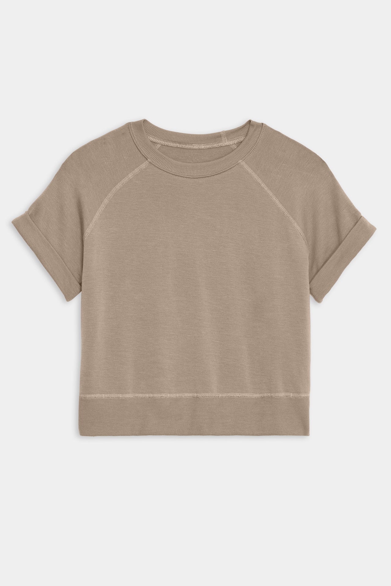 Flat view of light brown cropped short sleeve sweatshirt 