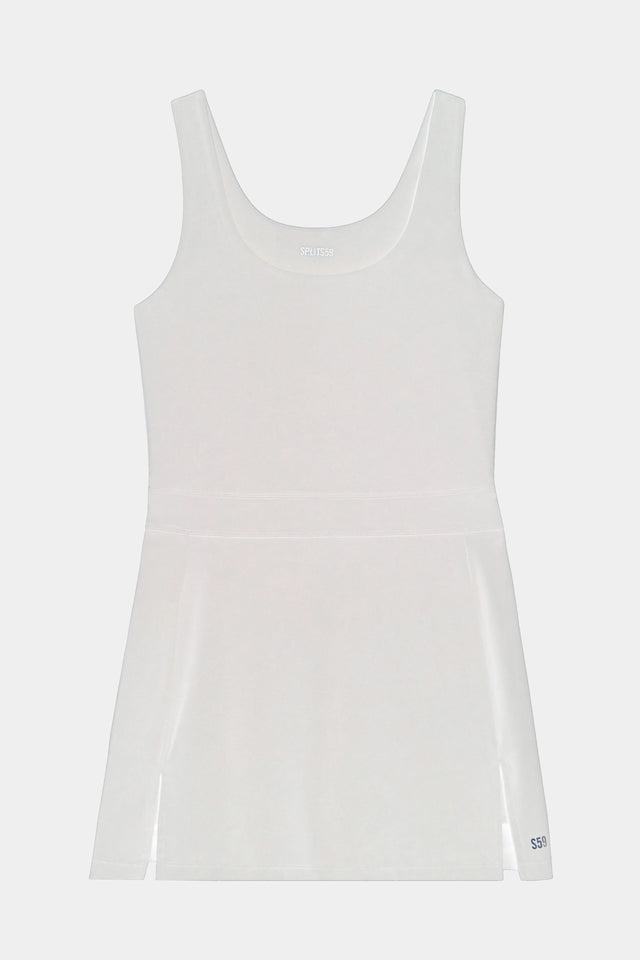 A SPLITS59 white Martina Rigor Dress designed for high impact workouts on a white background.