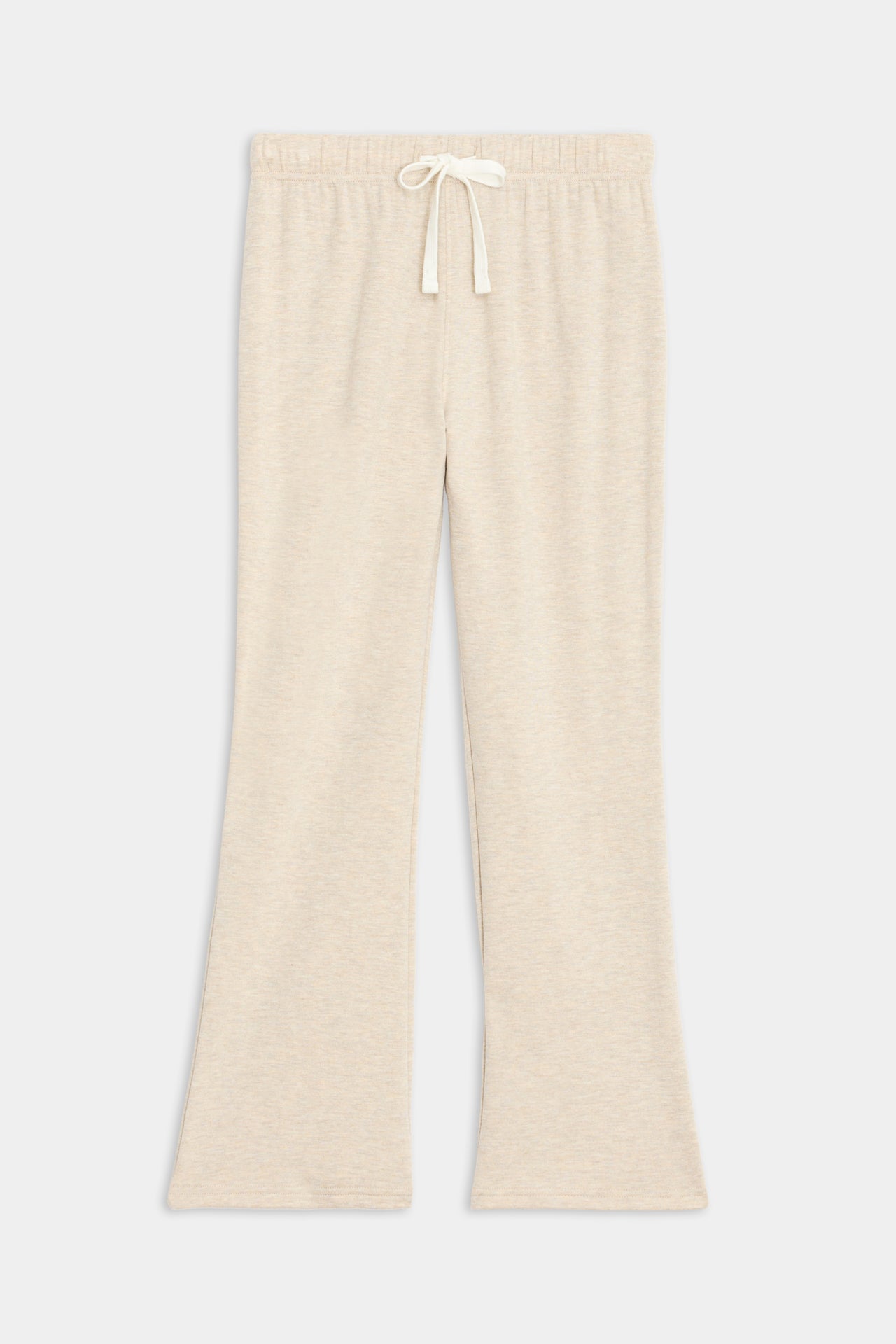 The Brooks Fleece Cropped Flare in Heather Oatmeal by SPLITS59 are beige wide-leg pants with an adjustable drawstring waist, made from ultra-luxe fleece, displayed on a white background.