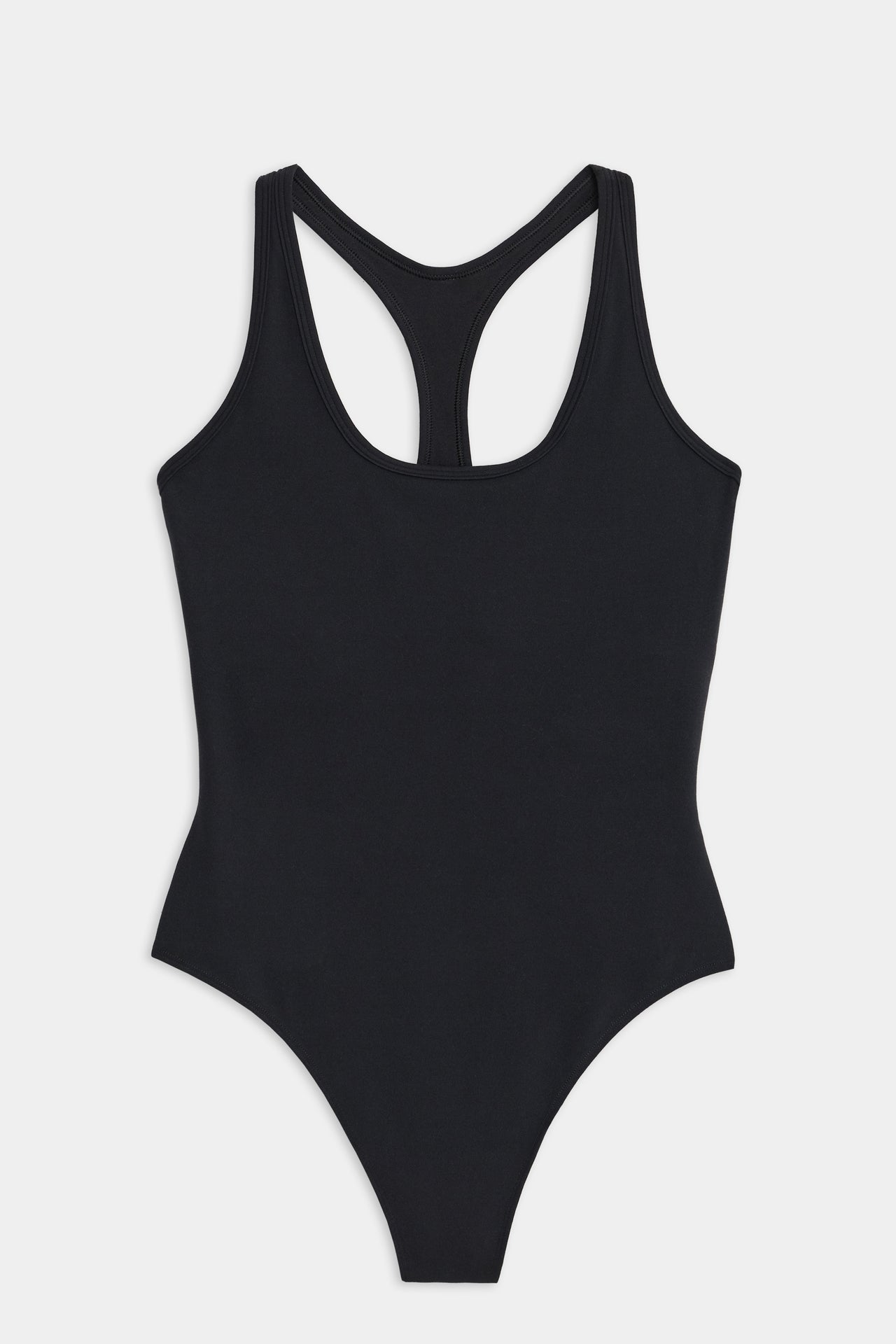 SPLITS59's Suki Airweight Bodysuit in black, featuring a racerback design, ideal for hot yoga, shown on a simple white background.