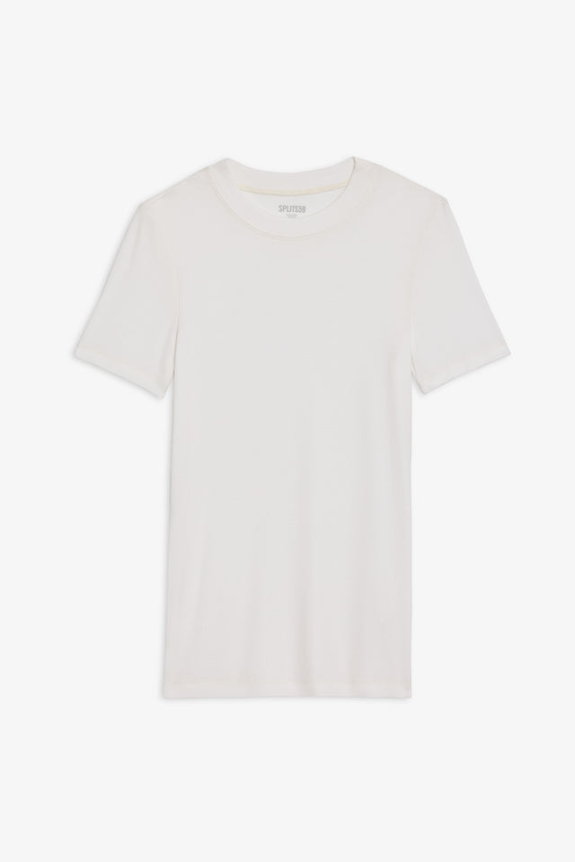 A SPLITS59 Louise Rib Short Sleeve - White gym t-shirt on a white background.