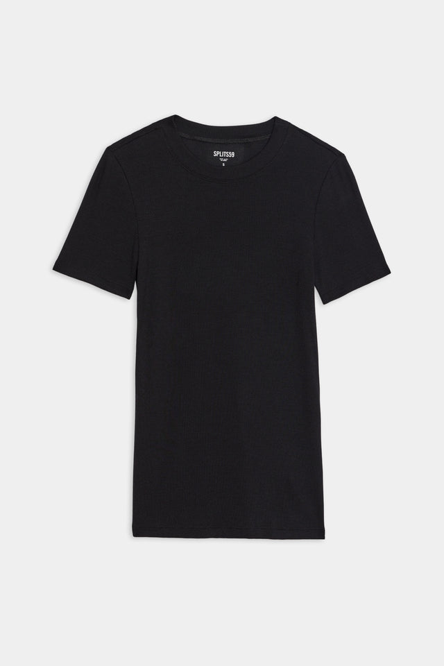 A SPLITS59 Louise Rib Short Sleeve - Black gym t-shirt on a white background.