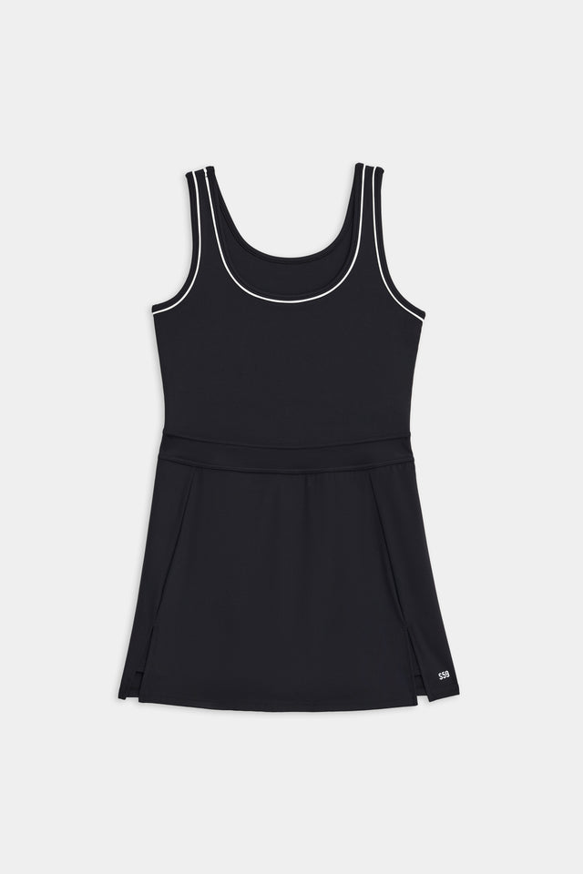 Martina Rigor Dress W/Piping - Black nylon tennis tank top with a flared waist displayed on a white background by SPLITS59.