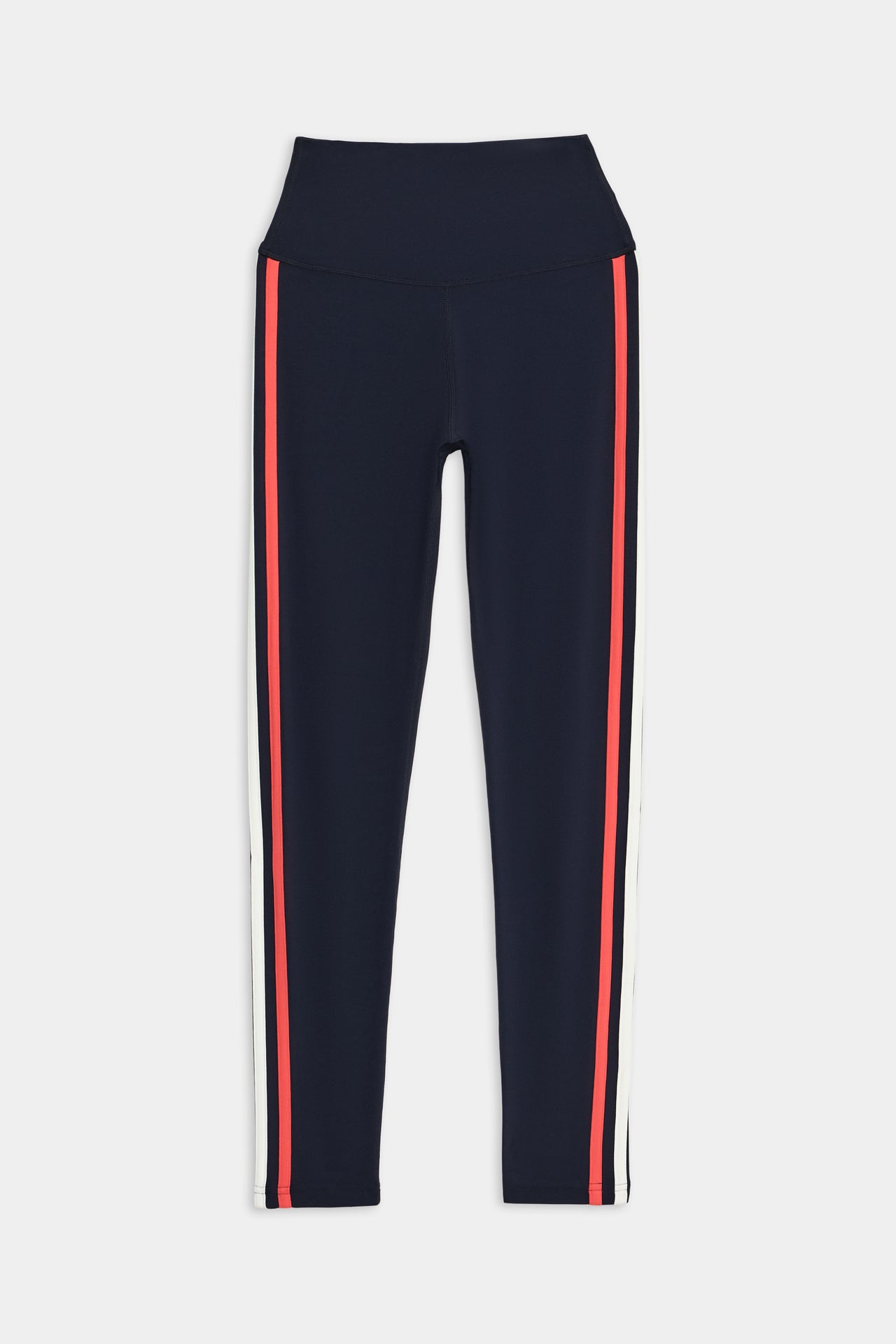 I'm sorry, but you didn't provide a product description for me to analyze. Ella High Waist Airweight 7/8 - Indigo/Melon athletic leggings with side stripes by SPLITS59.