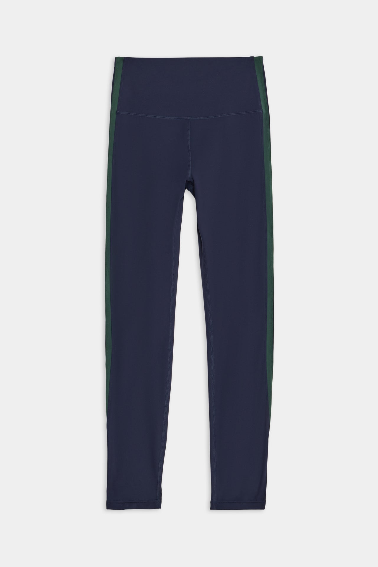 Navy blue athletic leggings made from nylon spandex fabric, with a green stripe on the side. - Bianca High Waist Rigor 7/8 - Indigo by SPLITS59.