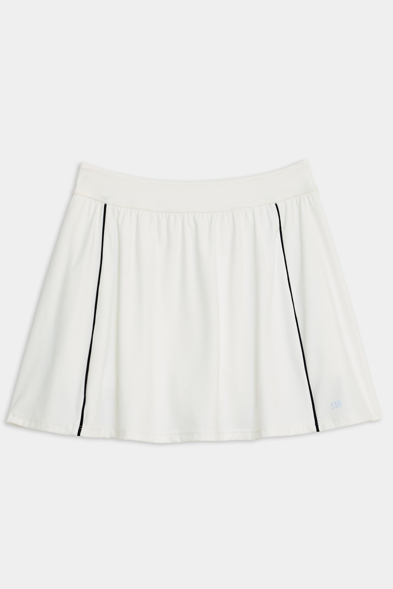 A white pleated sports skirt with black trim detailing, made of nylon and spandex, like the SPLITS59 Venus High Waist Rigor Skort w/Piping in White.