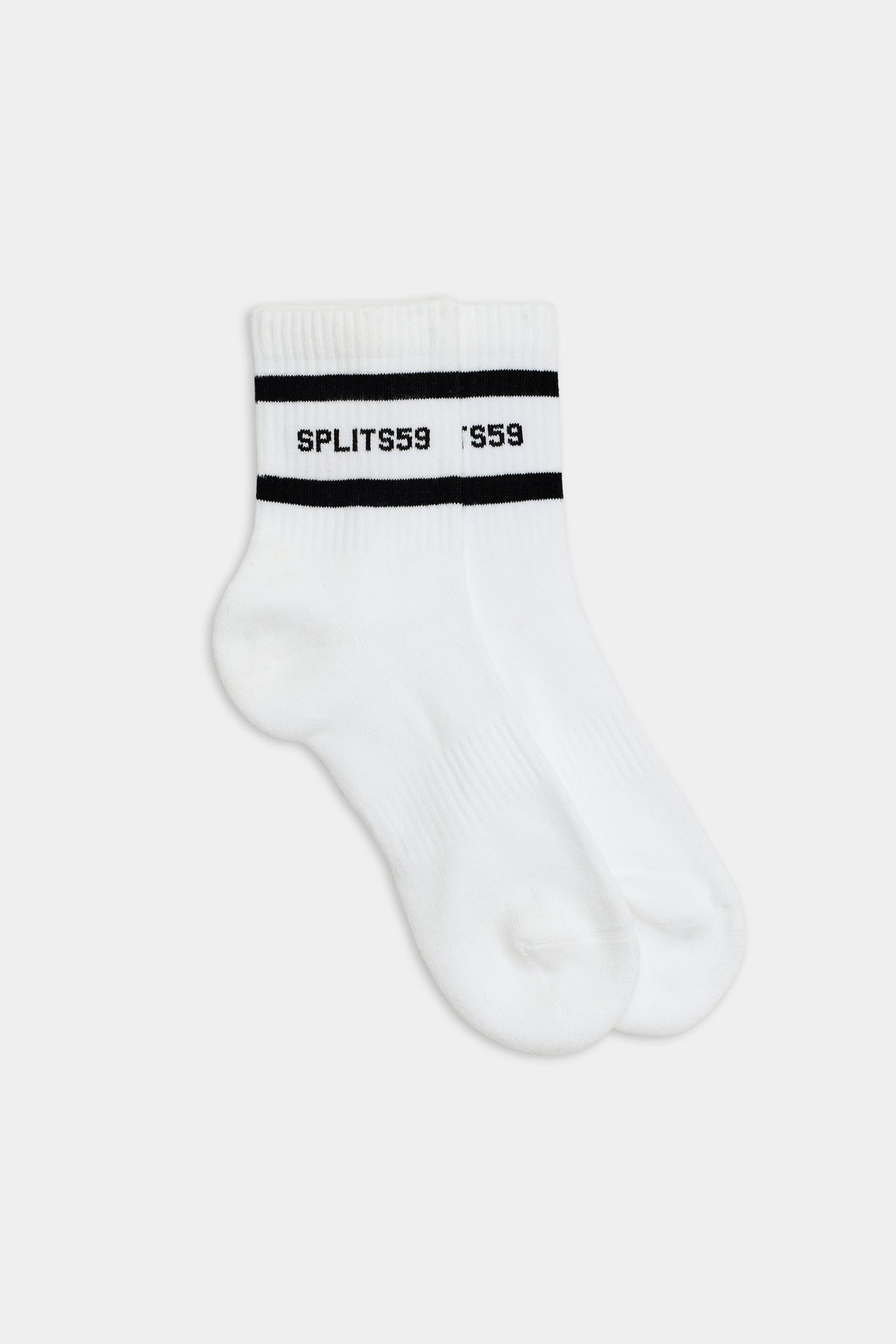 A pair of white Logo Stripe Quarter Socks by SPLITS59 with black branding on the cuffs.