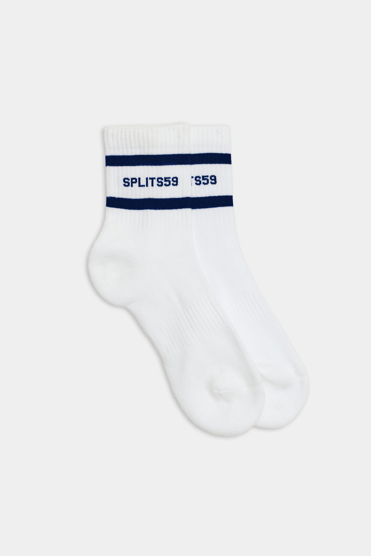 A pair of white ankle socks with blue stripes and the text 