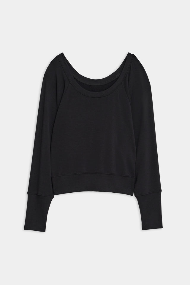 Black Indy Dolman Fleece Sweatshirt made of modal spandex blend on a white background by SPLITS59.