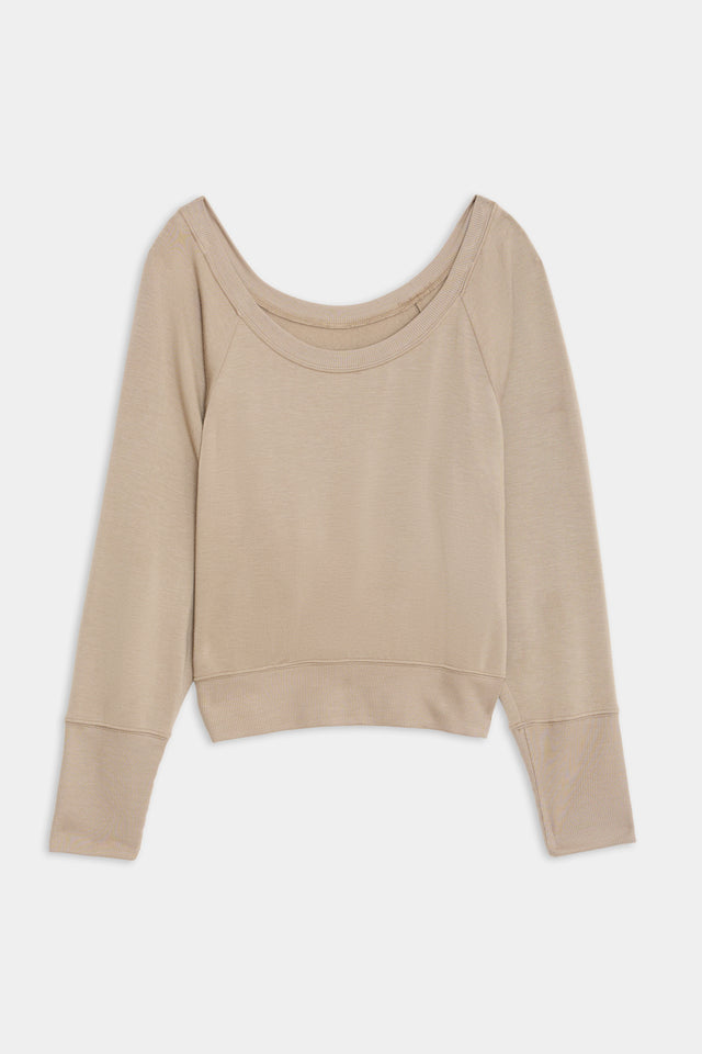 Beige Indy Dolman Fleece Sweatshirt made of modal spandex blend isolated on white background by SPLITS59.