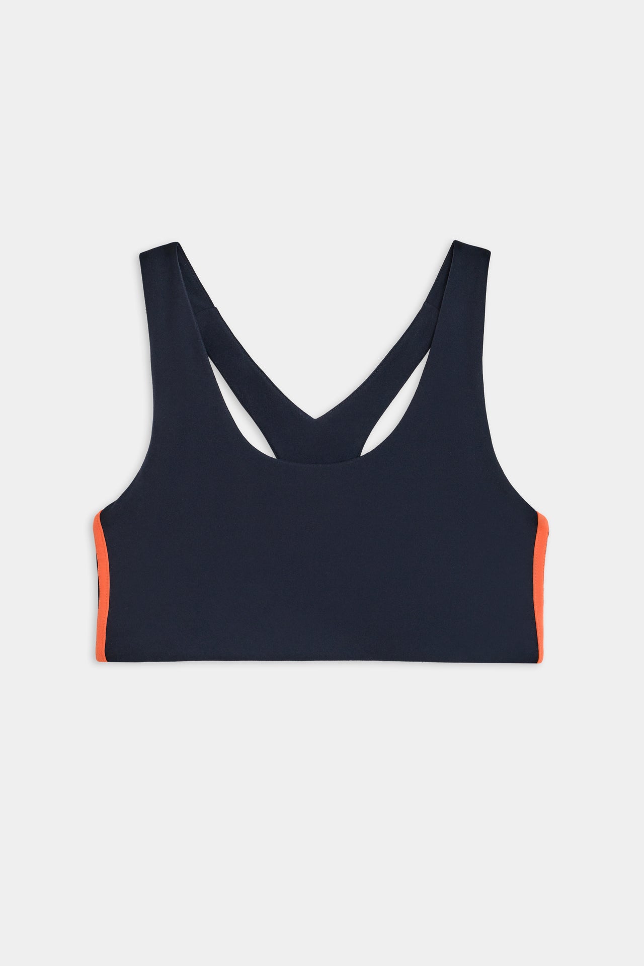 Flat view of dark blue sports bra with two red stripes down the side