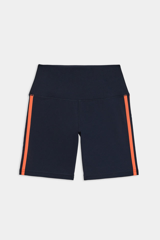 Flat view of dark blue bike shorts with two red stripes down the side