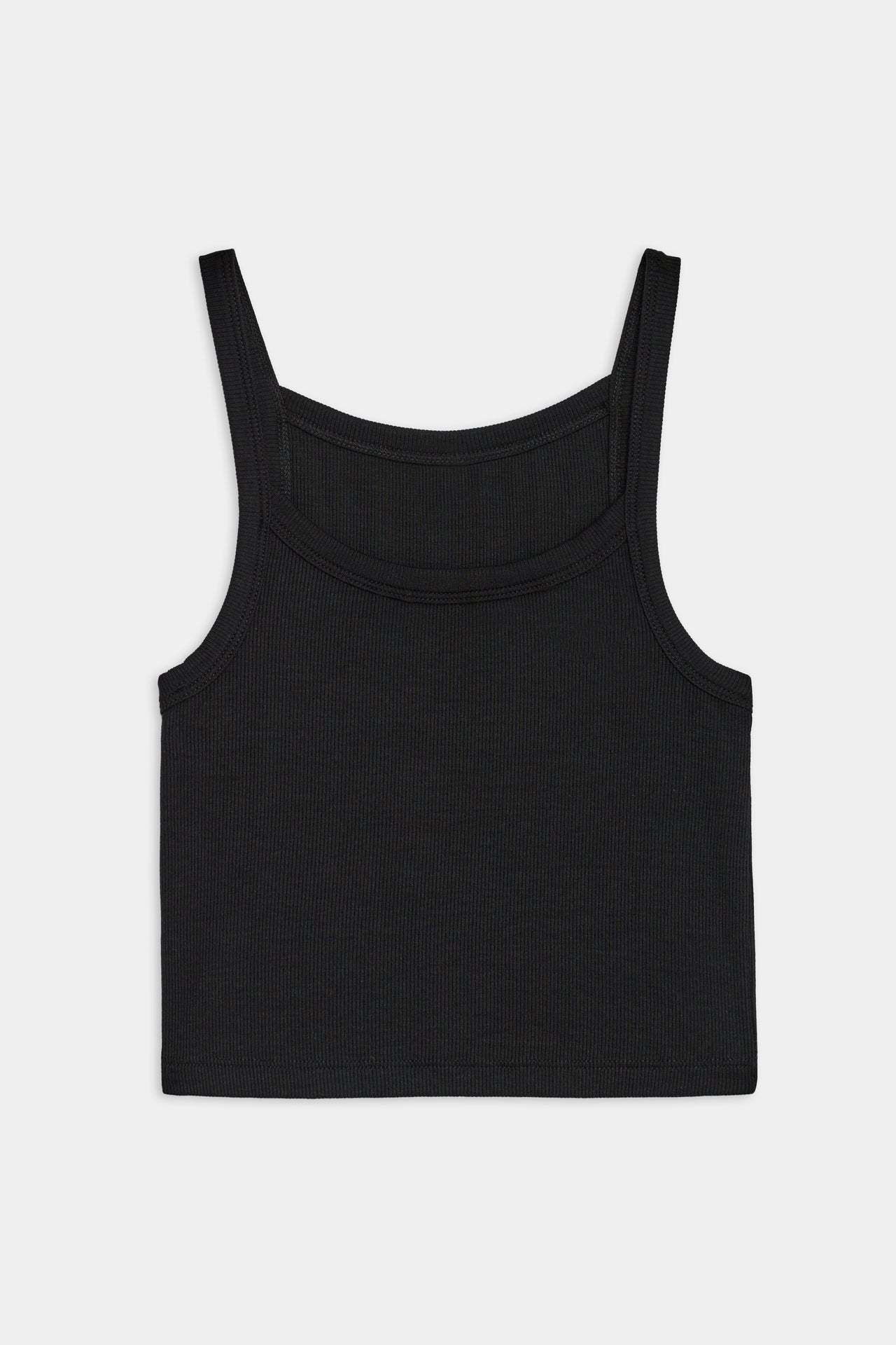 Flat view of black ribbed square neck tank top