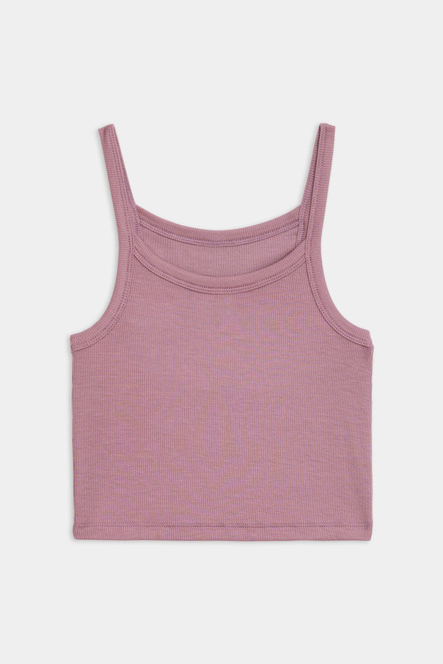 Flat view of light pink ribbed square neck cropped tank top 