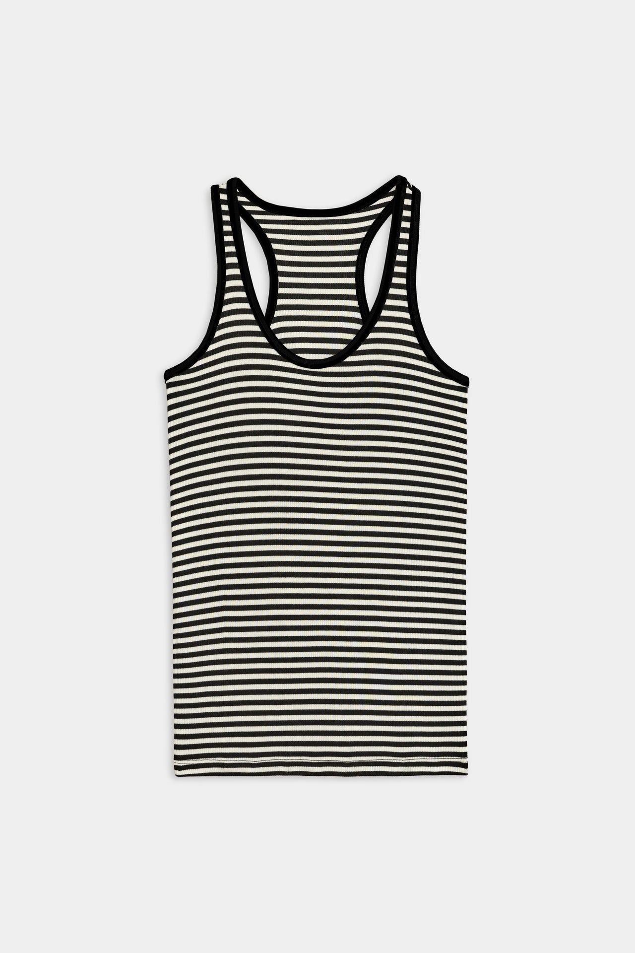 Flat view of a black and white stripe ribbed tank top 