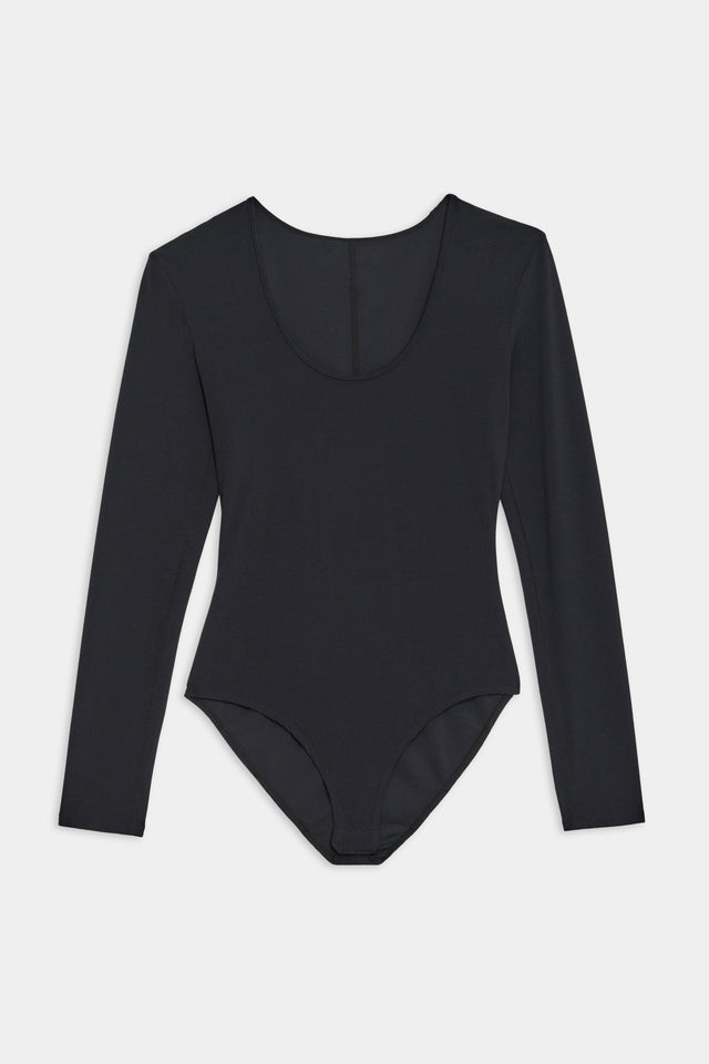 Flat view of black long sleeve one piece