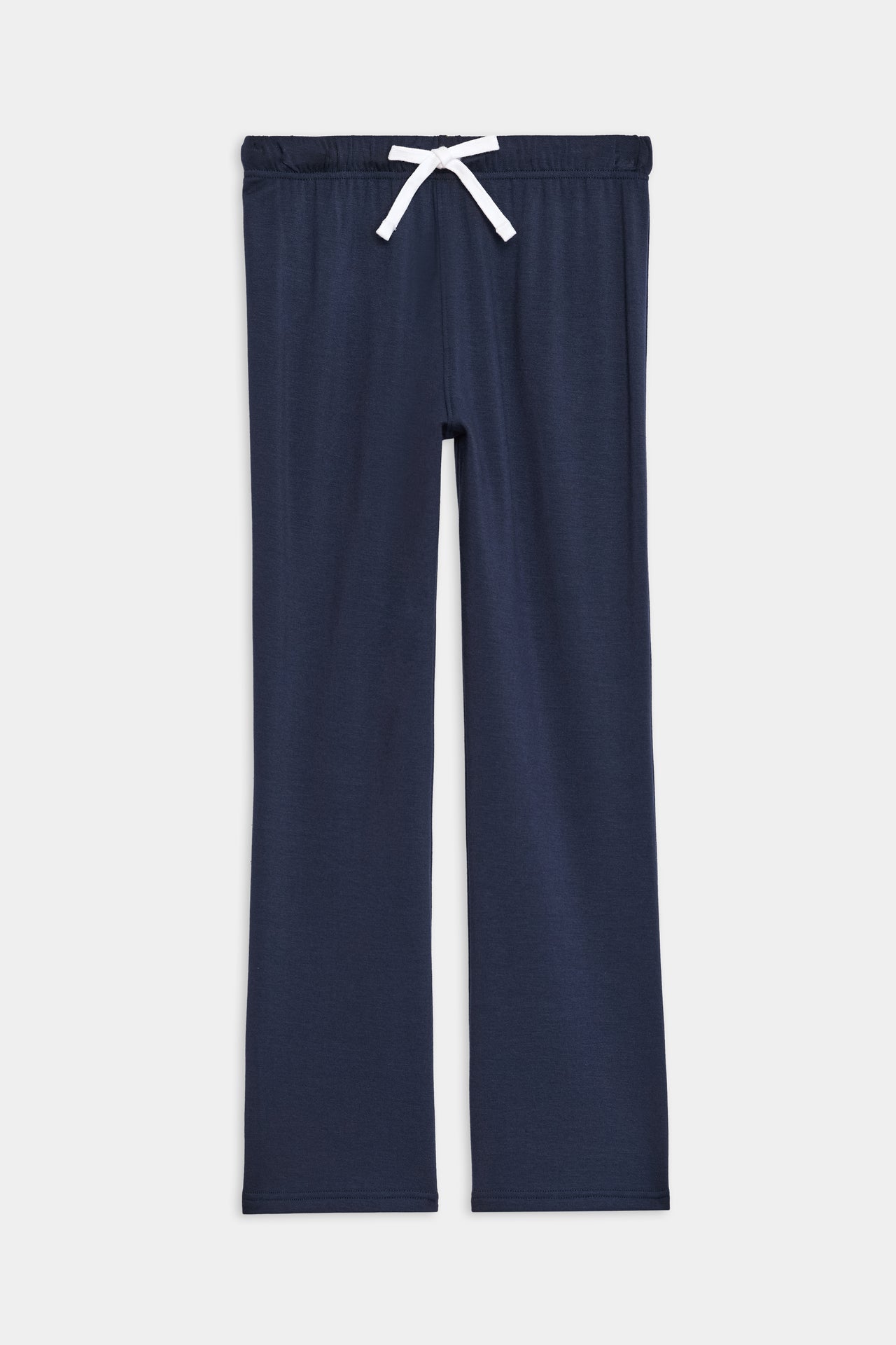 Flat view of dark blue cropped sweatpants with white string along the waistband