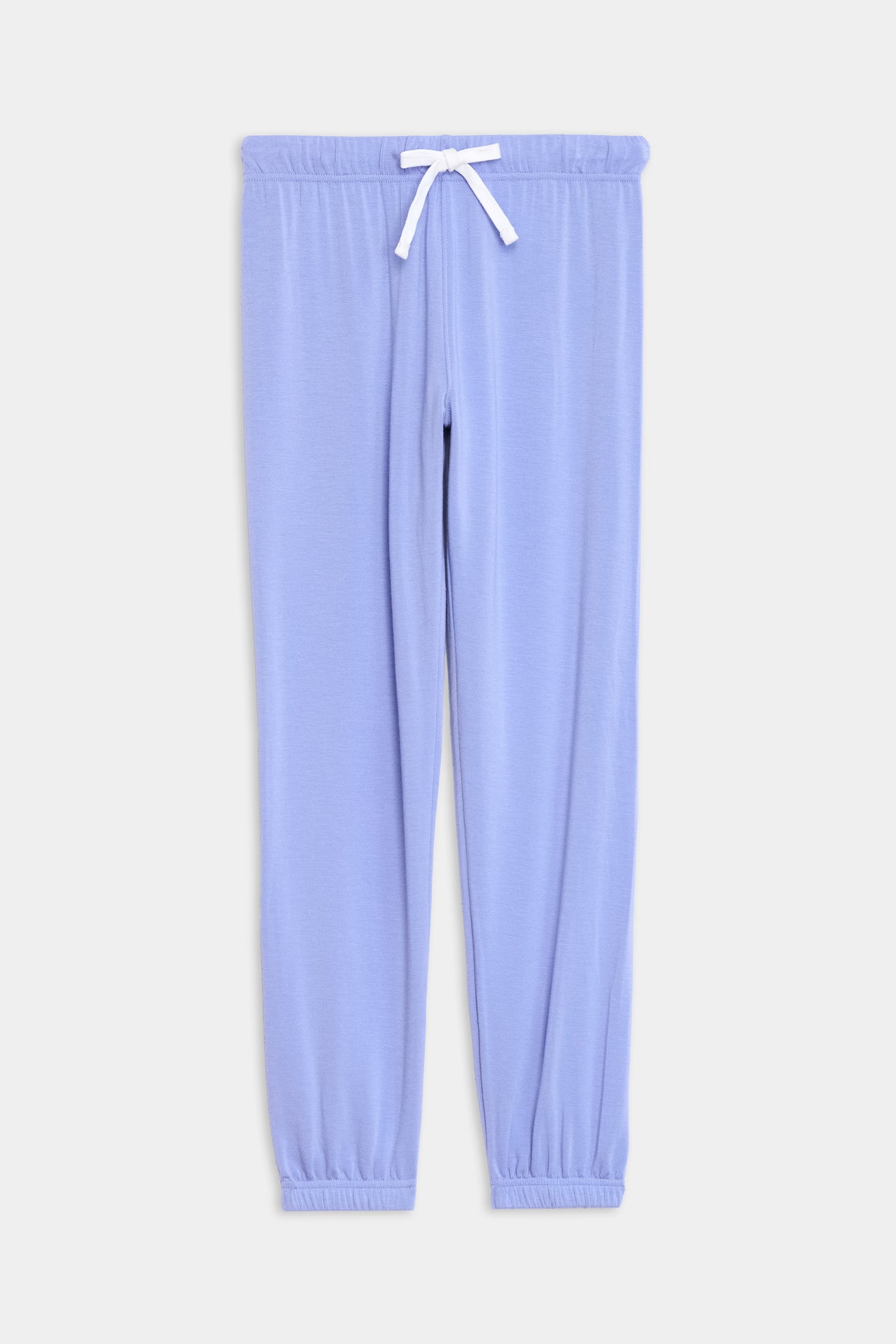 Front flat view of light purple sweatpant jogger with white drawstring