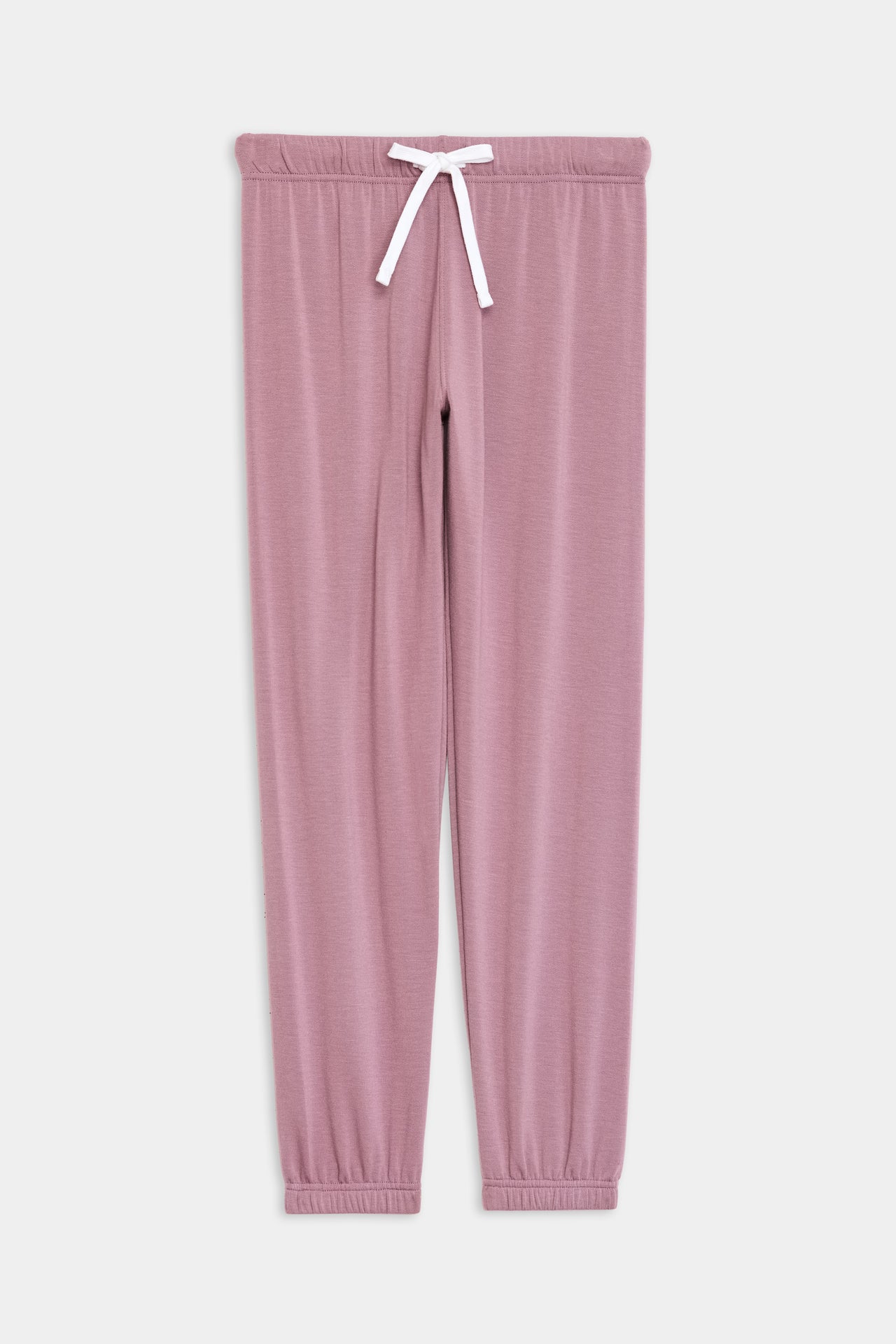 Front flat view of llight pink sweatpant jogger with white drawstring