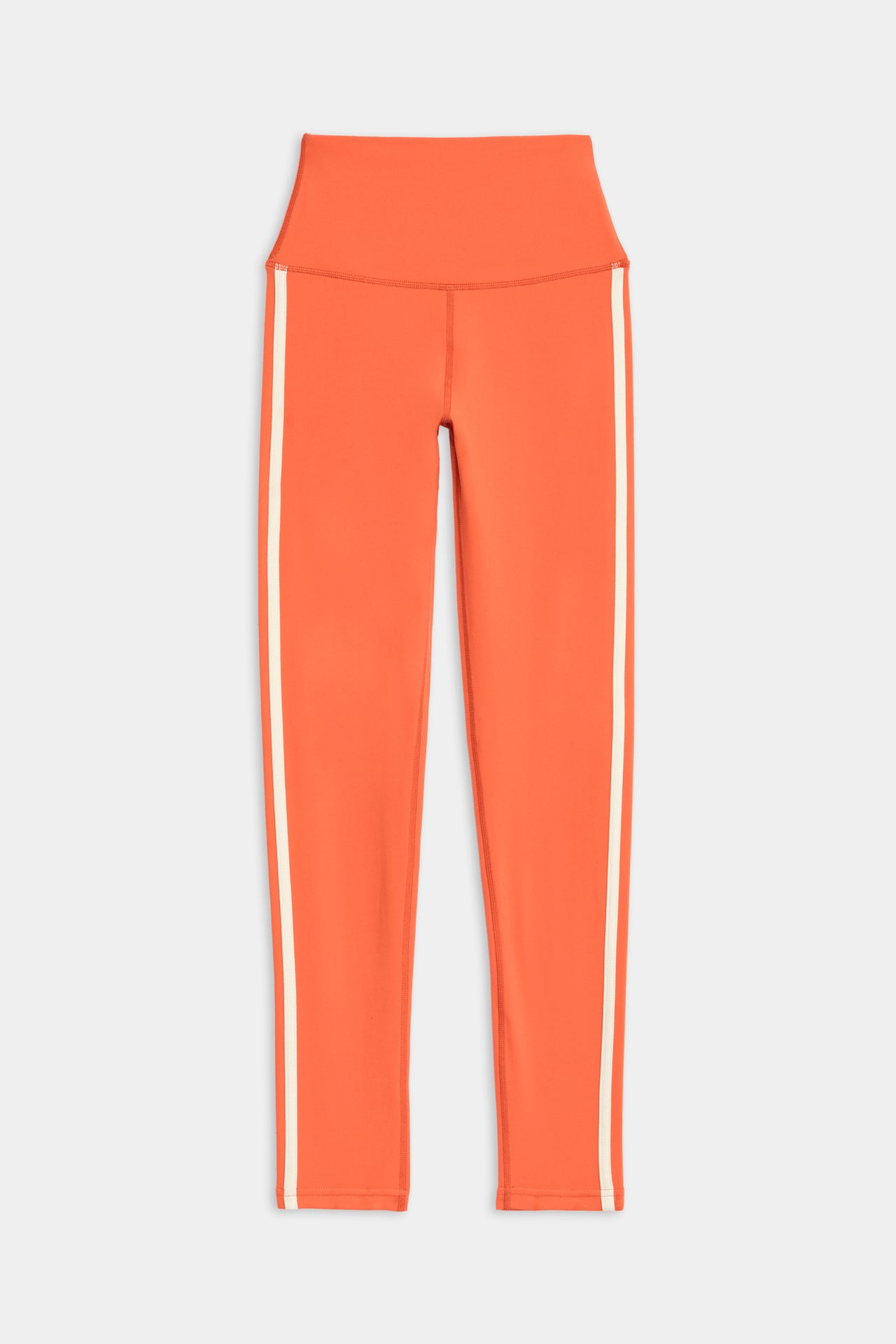Flat view of orange leggings with two white stripes down the side