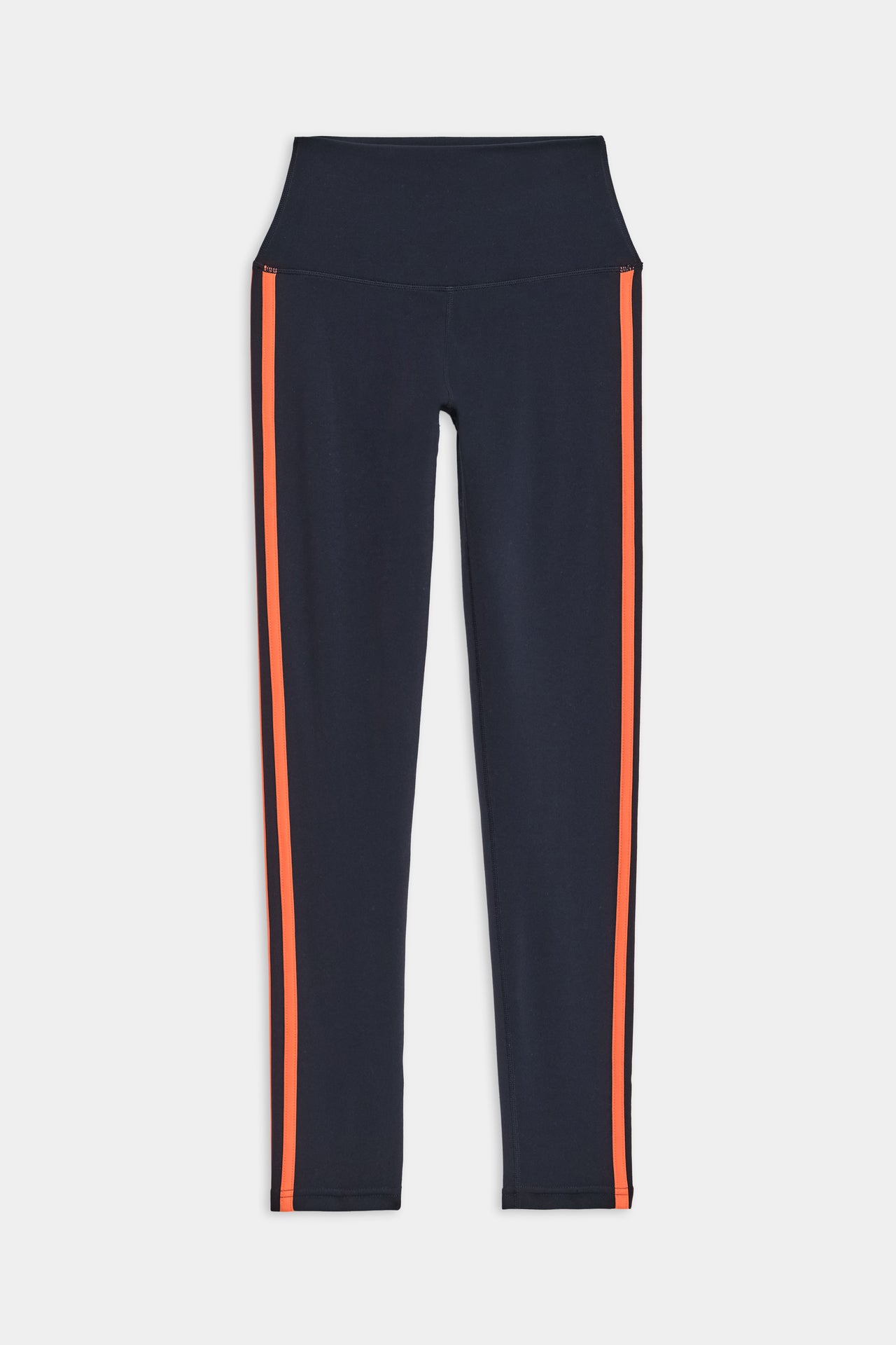 Flat view of dark blue leggings with two red stripes down the side