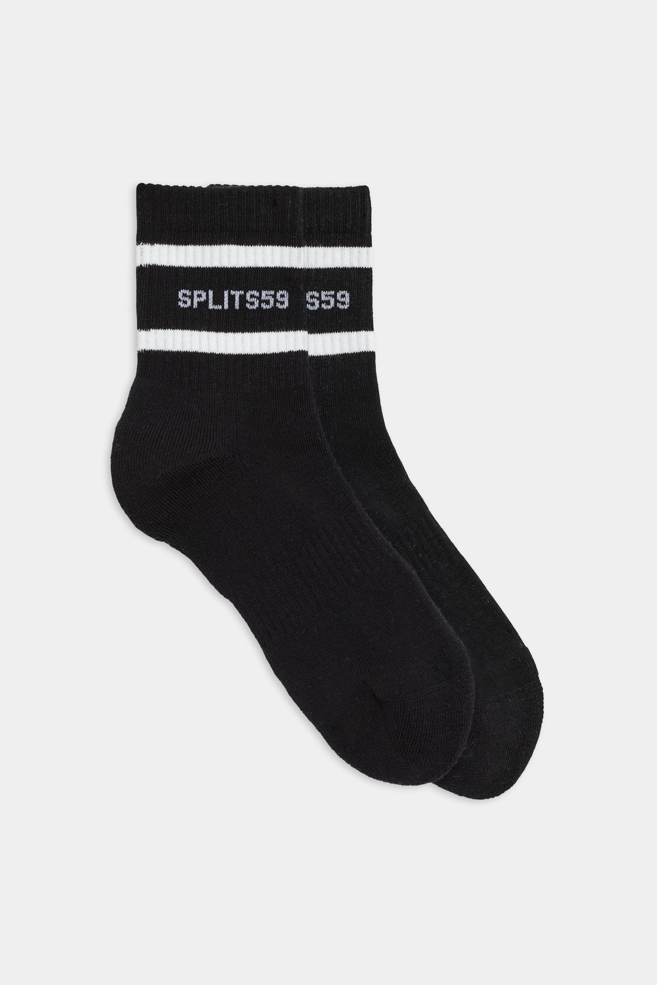 A pair of SPLITS59 Logo Stripe Quarter Socks in black with white bands and the text 