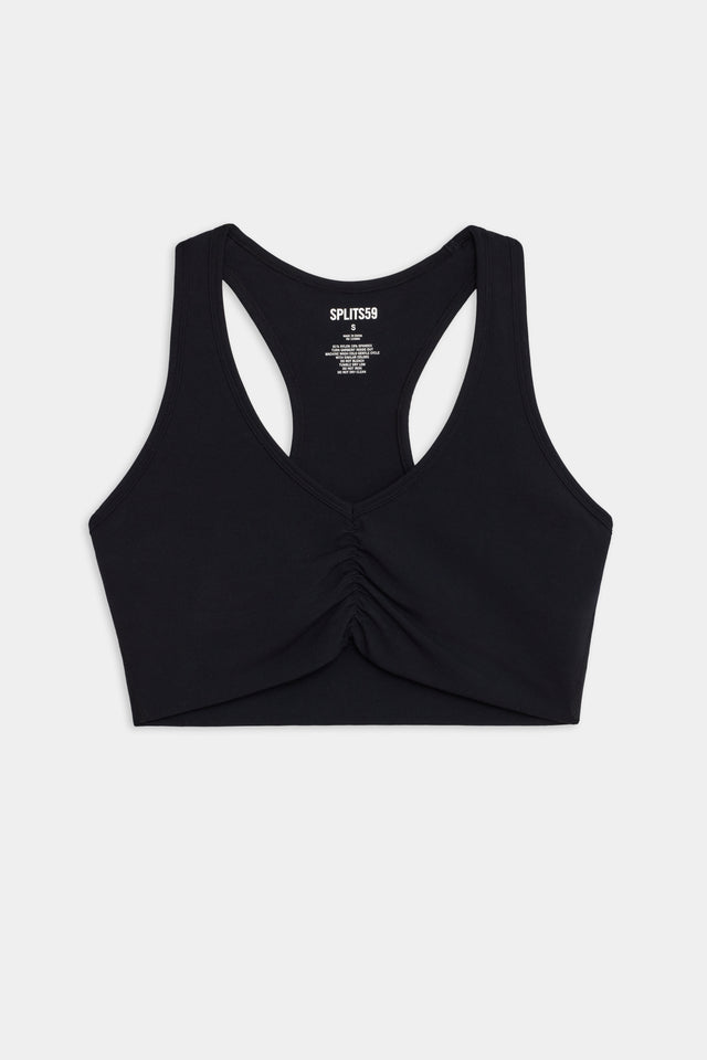 Flat front view of scrunched black sports bra