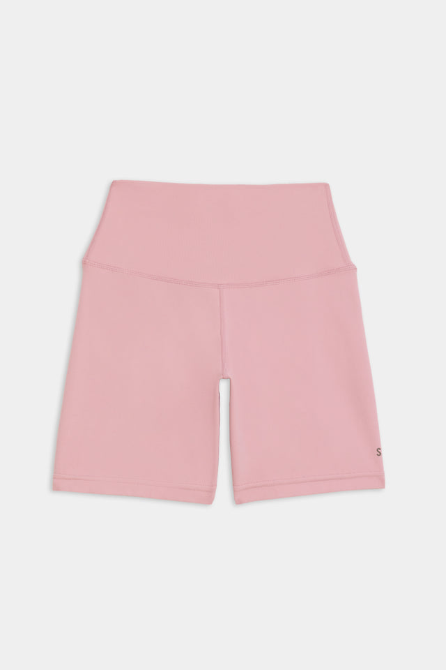 Flat view of hgihwaisted mid thigh pink bike shorts