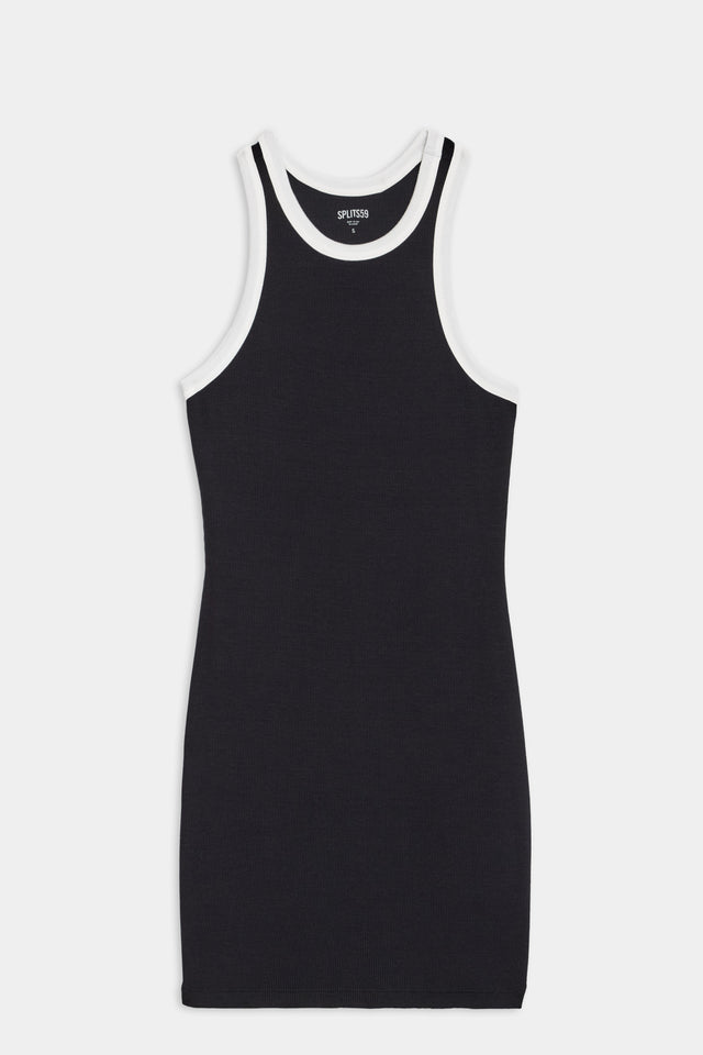 A SPLITS59 women's Kiki Rib Dress in Black/White, perfect for summer layering.