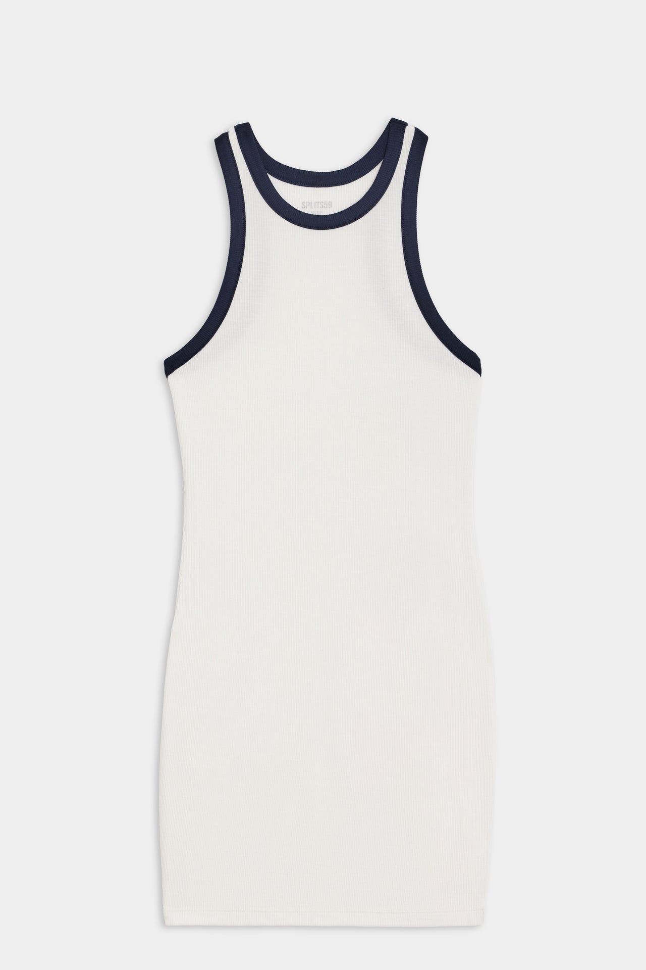 A Kiki Rib Dress - White/Indigo with navy trim, perfect for summer layering by SPLITS59.