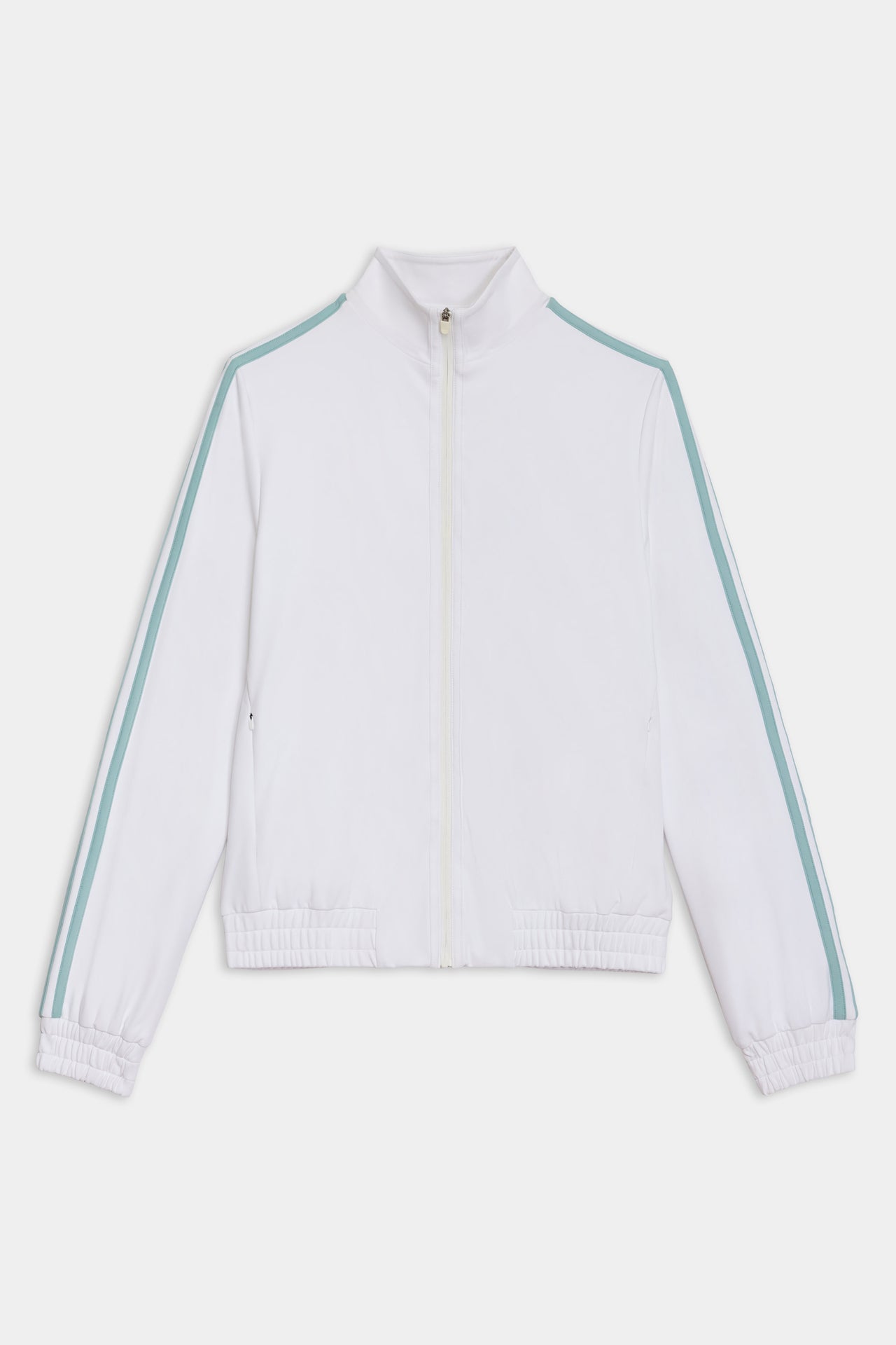 A SPLITS59 Techflex Fox Jacket - White/Teal with a retro vibe and blue and green stripes.