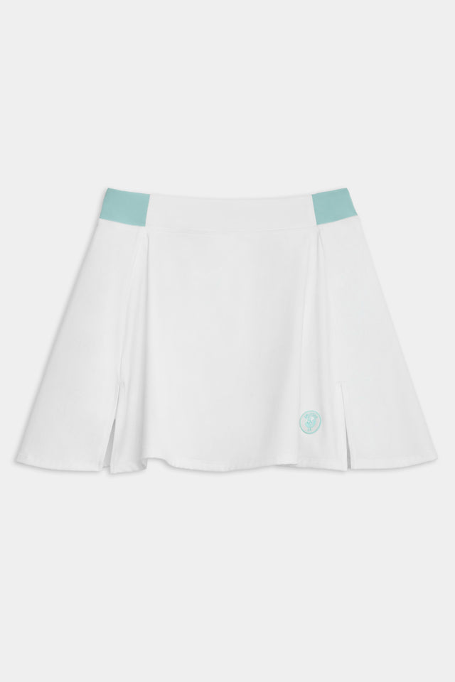 Front flat view of white skort with teal waitband on the sides and teal logo