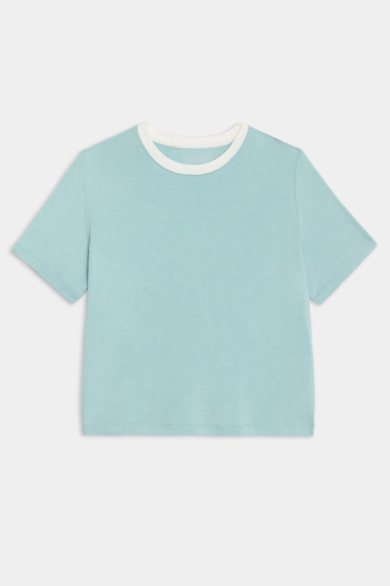 Flat view of light blue cropped short sleeve t-shirt with thin white neck hem 